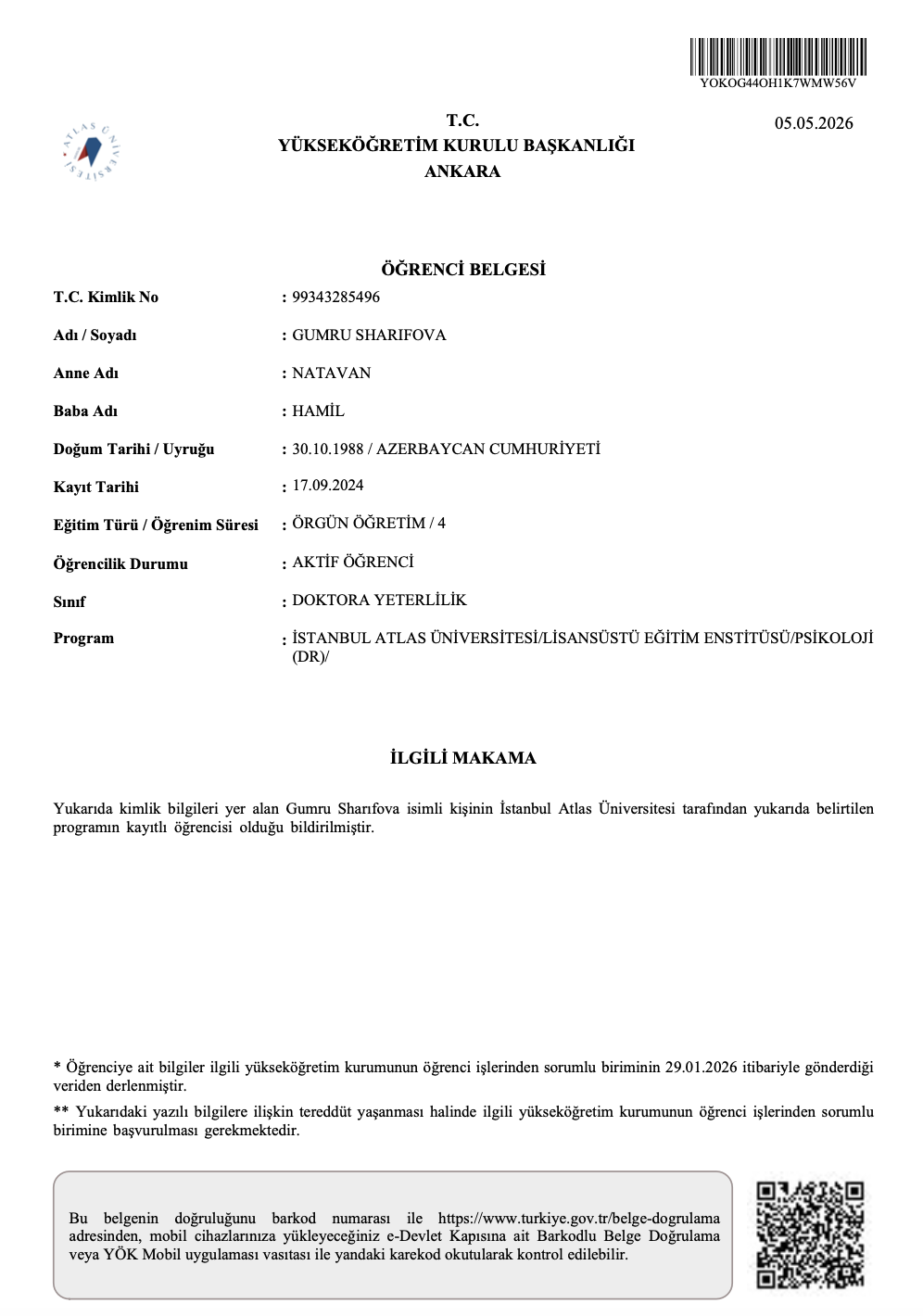 Atlas University — PhD — Psikoloji diploma