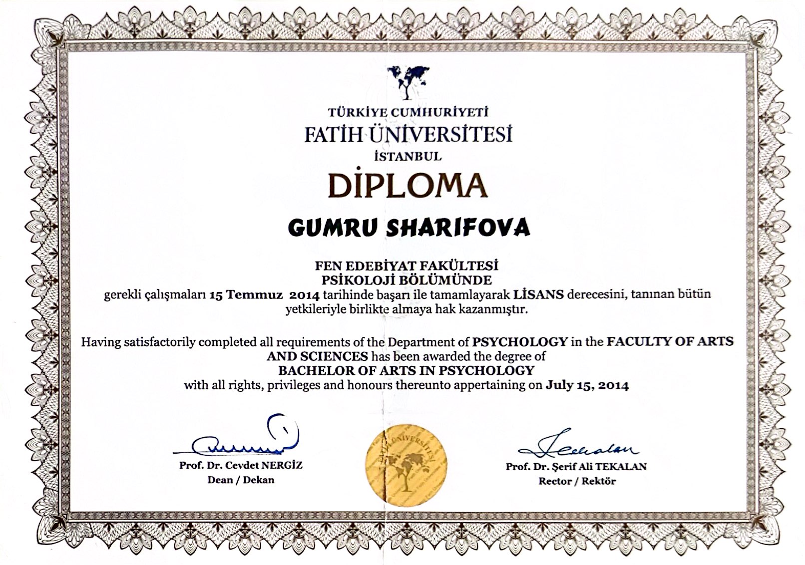 Fatih University — BA — Psychology diploma